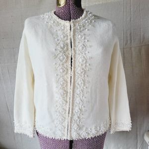 Vintage Valentina 60s ANGORA Lambs Wool Beaded CARDIGAN SWEATER Ivory